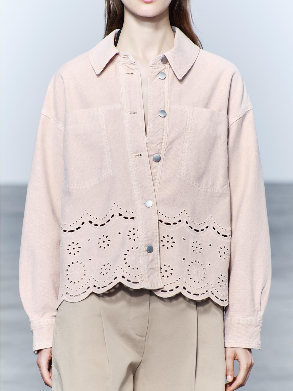 Zara Blush Pink Eyelet-Hem Denim Jean Jacket M L XL - Picture 13 of 16